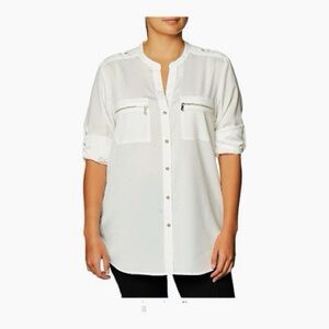 🆕 Calvin Klein White/Cream/golden accent Button-Down Shirt Zippered Pockets